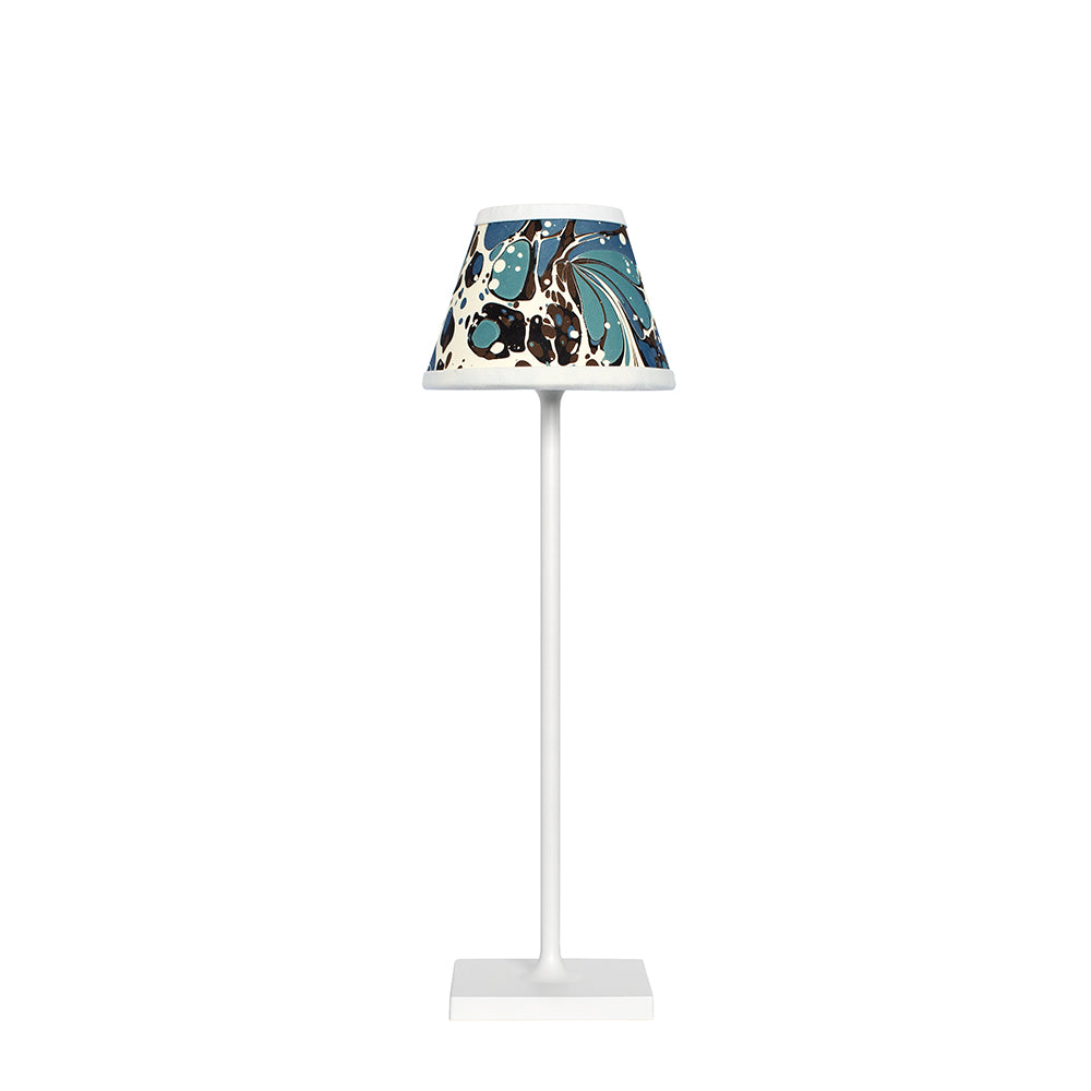 Small Chalky White Cordless Lamp and Modern Blue Floral Lampshade