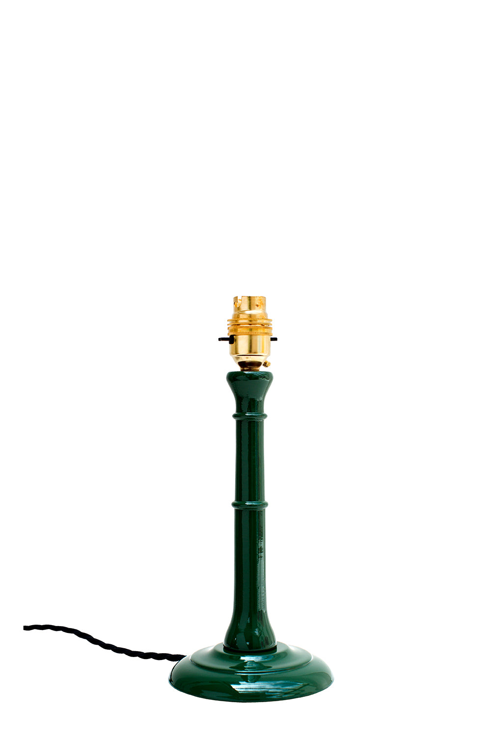 A small Beech hardwood lamp, hand painted with a shiny, moss green, high gloss lacquer finish.