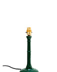 A small Beech hardwood lamp, hand painted with a shiny, moss green, high gloss lacquer finish.